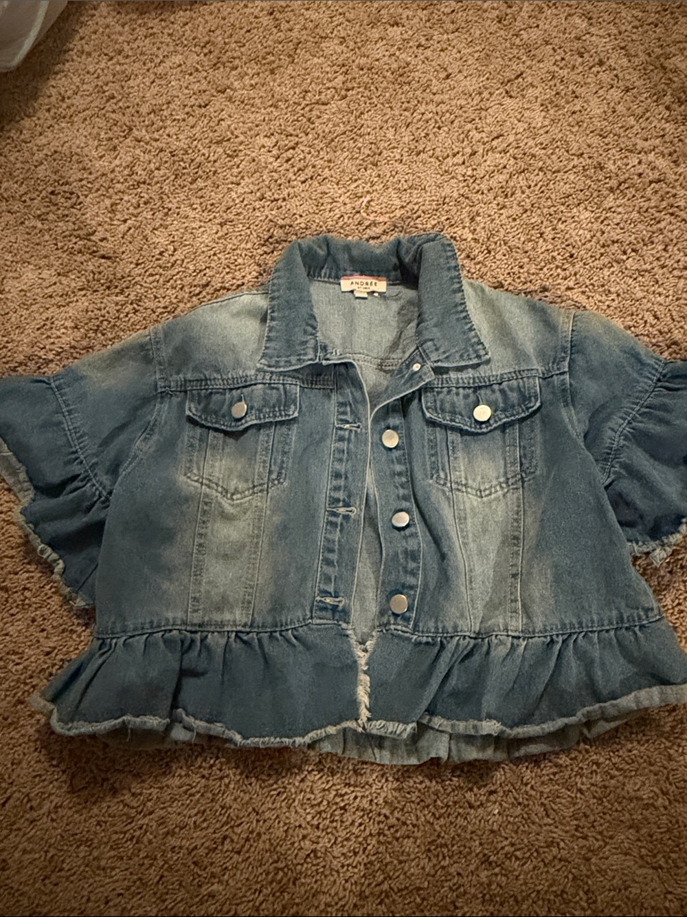 Andree Medium Blue Ruffled Hem Cropped Denim Jacket
